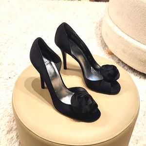 Stuart Weitzman Heels. Black. Satin w/Rose accent.